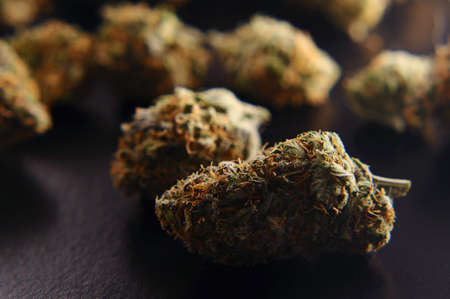 Marijuana buds closeup. Medicinal cannabis on black background. Hemp recreation, medical usage, legalization.の写真素材