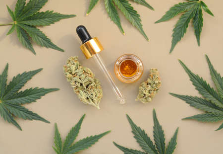 Marijuana buds, leaves and resin, flat lat, top view. Cannabis flowers on gray background. Hemp recreation, home pastime, legalization concept.の写真素材