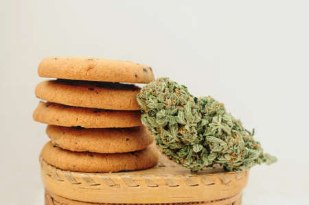 Sweets with CBD oil. Marijuana buds on white background. Cannabis flowers and chocolate cookies close-up.の写真素材