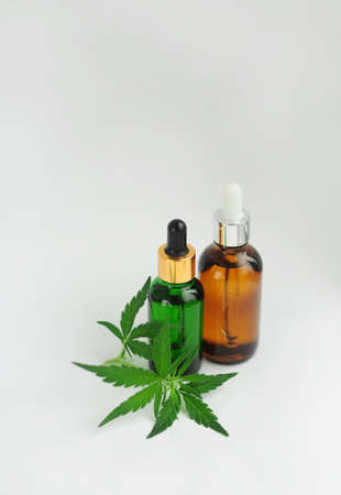 Marijuana products. Cannabis CBD weed oil isolated on white background. Recreational aromatherapy concept.の写真素材