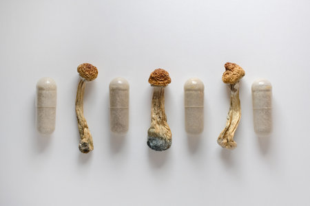 Micro dosing concept. Dry psilocybin mushrooms as natural herbal pills on white background. Psychedelic magic mushroom as medical supplement.の写真素材