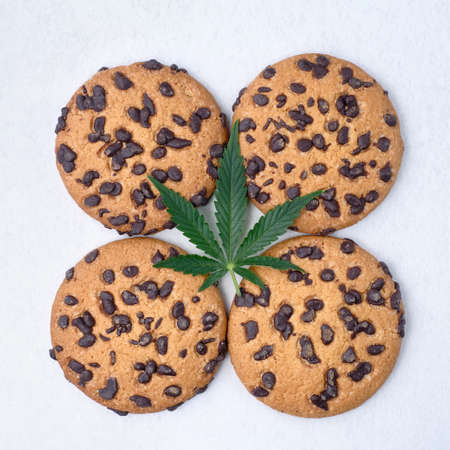 Chocolate cookies with cannabis extract close-up. Sweets with CBD oil. marijuana leaf on white background. Top view, flat lay.の写真素材