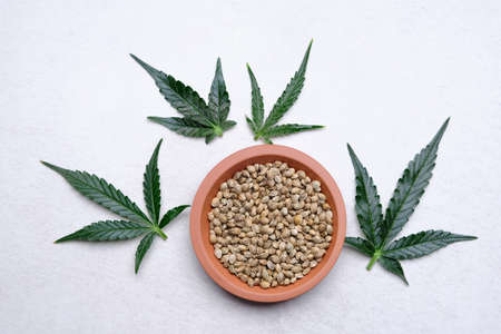 A bunch of cannabis seeds on a plate with green leaf. Hemp grain on grey background, flat lay. Marijuana grain, top view.の写真素材