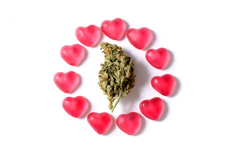 Marijuana and valentines day concept. Cannabis bud  with heart shaped candies on a white isolated backgroundの写真素材