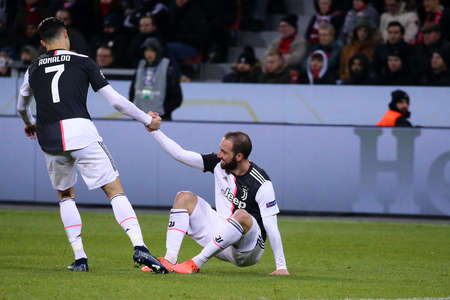 Leverkusen, Germany. 11th December 2019. Uefa Champions League 2019-20 Group D. Cristiano Ronaldo and Gonzalo Higuain of Juventus FC.のeditorial素材
