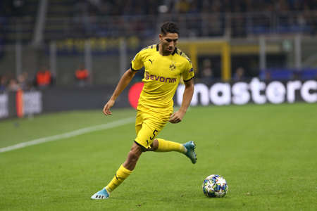 Milan, Italy. 23th October 2019. Uefa Champions League. Fc Internazionale vs Borussia 09 Dortmund. Achraf Hakimi of Borussia Dortmund Milan, Italy.のeditorial素材
