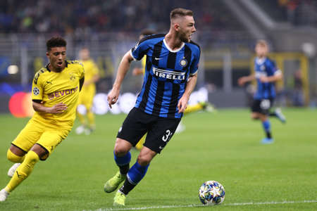 Milan, Italy. 23th October 2019. Uefa Champions League. Fc Internazionale vs Borussia 09 Dortmund. Milan Skriniar of FC Internazionale Milan, Italy.のeditorial素材