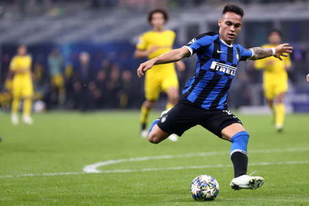 Milan, Italy. 23th October 2019. Uefa Champions League. Fc Internazionale vs Borussia 09 Dortmund. Lautaro Martinez of FC InternazionaleMilano, Italy.のeditorial素材