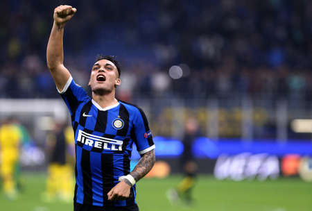 Milan, Italy. 23th October 2019. Uefa Champions League. Fc Internazionale vs Borussia 09 Dortmund. Lautaro Martinez of FC Internazionale Milano, Italy.のeditorial素材