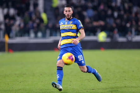 Torino, Italy. 19th January 2020. Italian Serie A. Juventus Fc vs Parma Calcio. Mattia Sprocati of Parma Calcio  .のeditorial素材