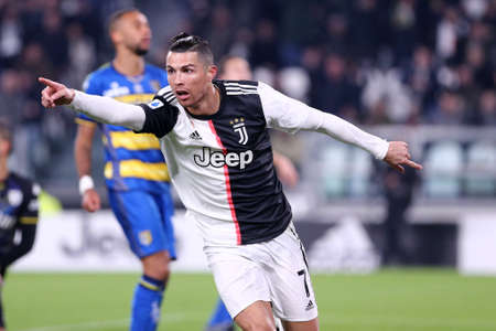 Turin, Italy. 19th January 2020. Italian Serie A. Juventus Fc vs Parma Calcio. Cristiano Ronaldo of Juventus FC celebrate after scoring a goalのeditorial素材