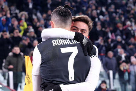 Turin, Italy. 19th January 2020. Italian Serie A. Juventus Fc vs Parma Calcio. Cristiano Ronaldo of Juventus FC celebrate with Paulo Dybala.のeditorial素材