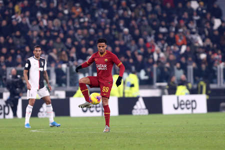 Torino, Italy. 22th January 2020. Coppa Italia. Juventus Fc vs As Roma. Justin Kluivert of  As Roma in action .のeditorial素材