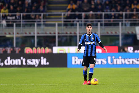Milano, Italy.  12th February 2020 . Coppa Italia semi-final first leg . Fc Internazionale vs Ssc Napoli.  Alessandro Bastoni  of FC Internazionale.のeditorial素材