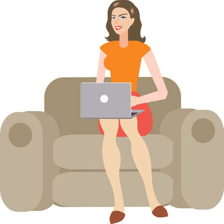 Vector - Sexy Brunette Woman Using Laptop On Sofaのイラスト素材
