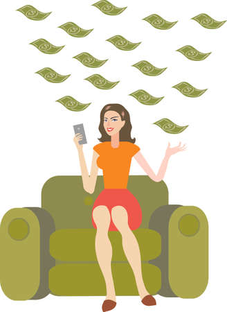 Vector - Beautiful Woman Sitting on Sofa with Lot Of Money Billのイラスト素材