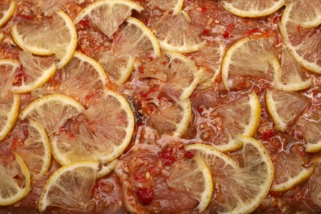 Marinated raw meat with lemon.の写真素材