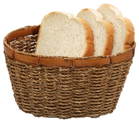 Basket with bread isolated on white.の写真素材