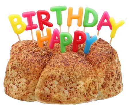 HAPPY BIRTHDAY candles isolated against a white background.の写真素材