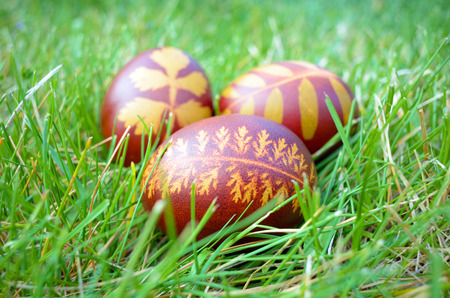 Painted eggs are decorated by ancient techniques before Easter.の写真素材