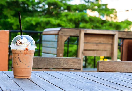 coffee on the wood garden tableの写真素材