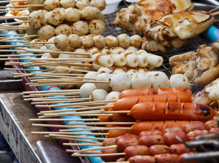 Several Thai meat ball with bamboo stick, Thai foodの写真素材