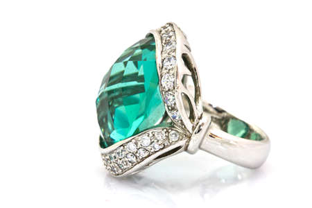 ring of the jeweler with blue sapphire and brilliants on a white backgroundの写真素材