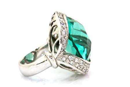 ring of the jeweler with blue sapphire and brilliants on a white backgroundの写真素材