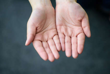 The open hands of woman, Focus on handの写真素材
