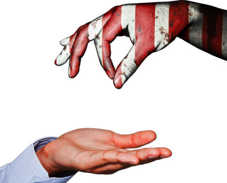 Hand finger for beg with give on usa flag background