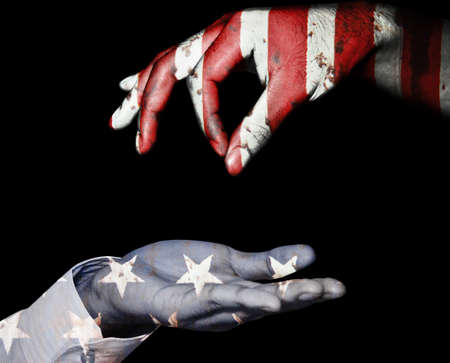Hand finger for beg with give on usa flag backgroundの写真素材