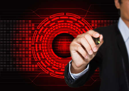 hand drawing a graph with abstract technology futuristic red innovation backgroundの写真素材