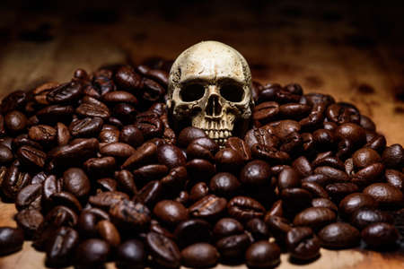 close up Human Skull with coffee beansの写真素材