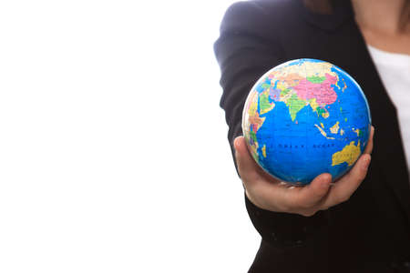Business woman people holding globe. の写真素材