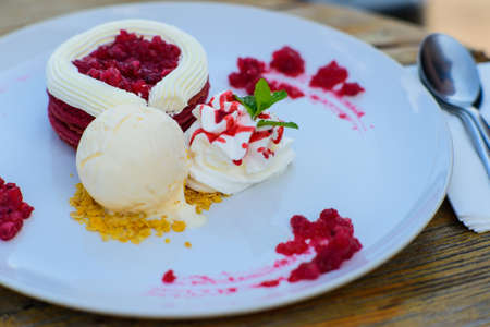 strawberry cake with ice creamの写真素材