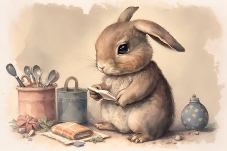 Rabbit reading a book. Vintage style. Watercolor painting.の素材