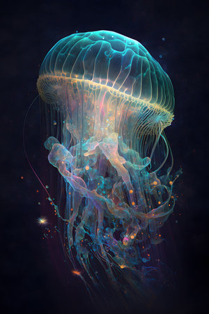 Jellyfish in the water. 3D illustration. Abstract background.の素材