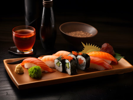 Sushi set on a wooden background. Sushi rolls with salmon, tuna, caviar and cream cheeseの素材