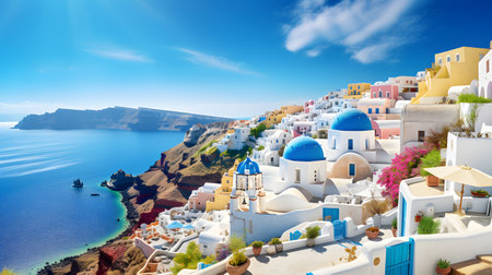 Santorini island, Greece. Picturesque panoramic view of Oia town on Santorini island, Greeceの素材