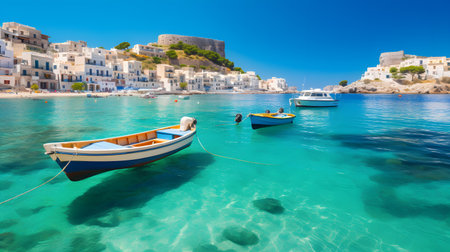 Fishing boats in picturesque bay of Mykonos island, Greeceの素材