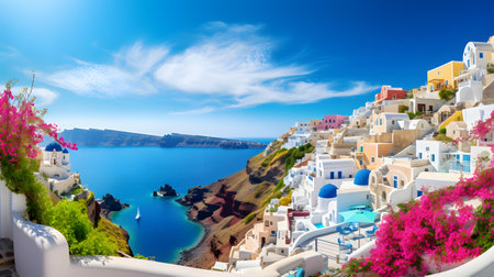 Santorini island, Greece. Panoramic view of Oia town on Santorini island, Greece.の素材