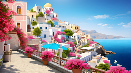 Oia village on Santorini island, Greece. 3D renderingの素材