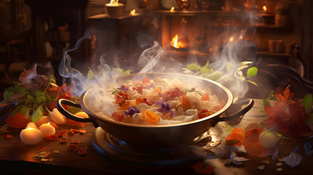 Pilaf in a pot with fire and smoke on a wooden tableの素材