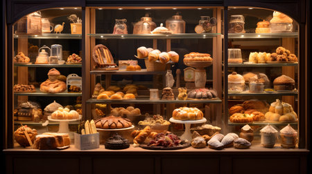 Bakery shop window with different types of bread and pastries.の素材