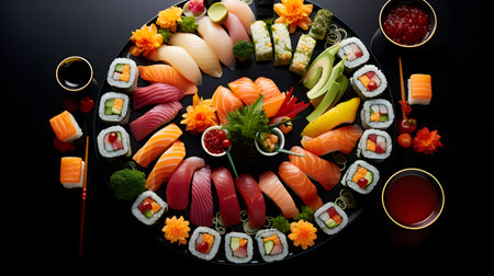 Sushi set on black background. Sushi rolls with salmon, tuna, caviar, cream cheese, wasabi, ginger, soy sauce.の素材