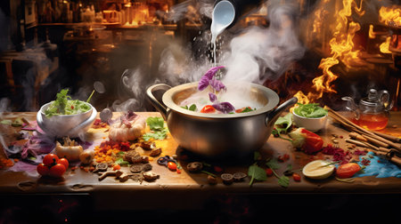 Hot soup in a pot with ingredients on the table. Restaurant.の素材