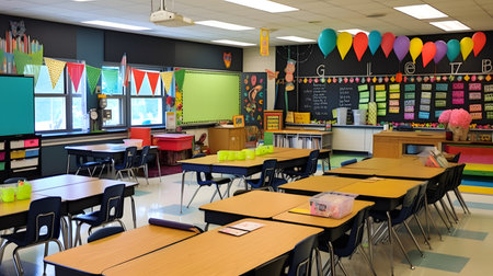 Interior of a school classroom with tables and chairs, ready for studentsの素材