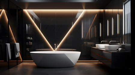 Interior of modern bathroom with black and wooden walls, concrete floor, white bathtub standing on it and double sink. 3d renderingの素材