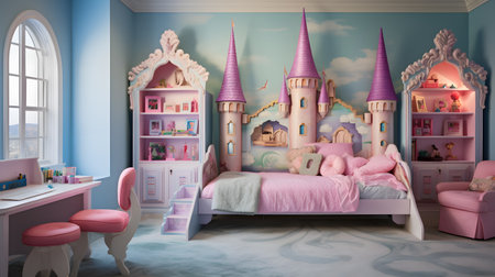 Children's bedroom with pink and blue theme. 3D rendering.の素材