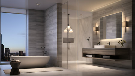Luxury bathroom with wooden walls, concrete floor, comfortable white bathtub and round mirror. 3d renderingの素材